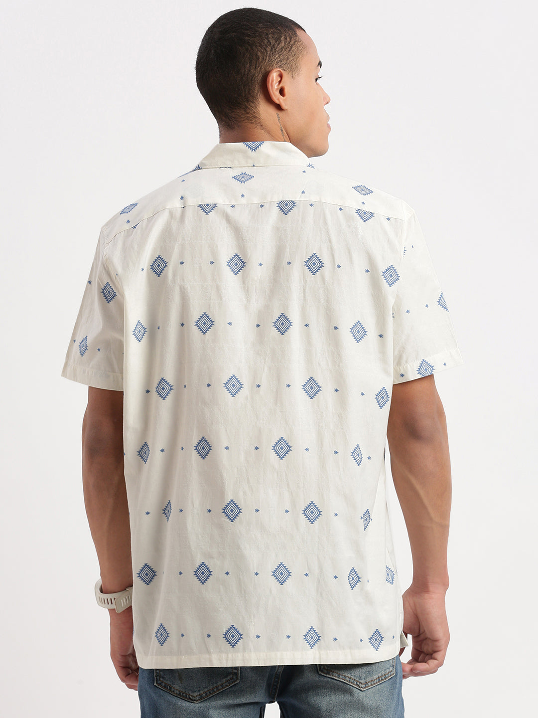 Geometric Cream Cuban Collar Mens Shirt | DesiQlo 