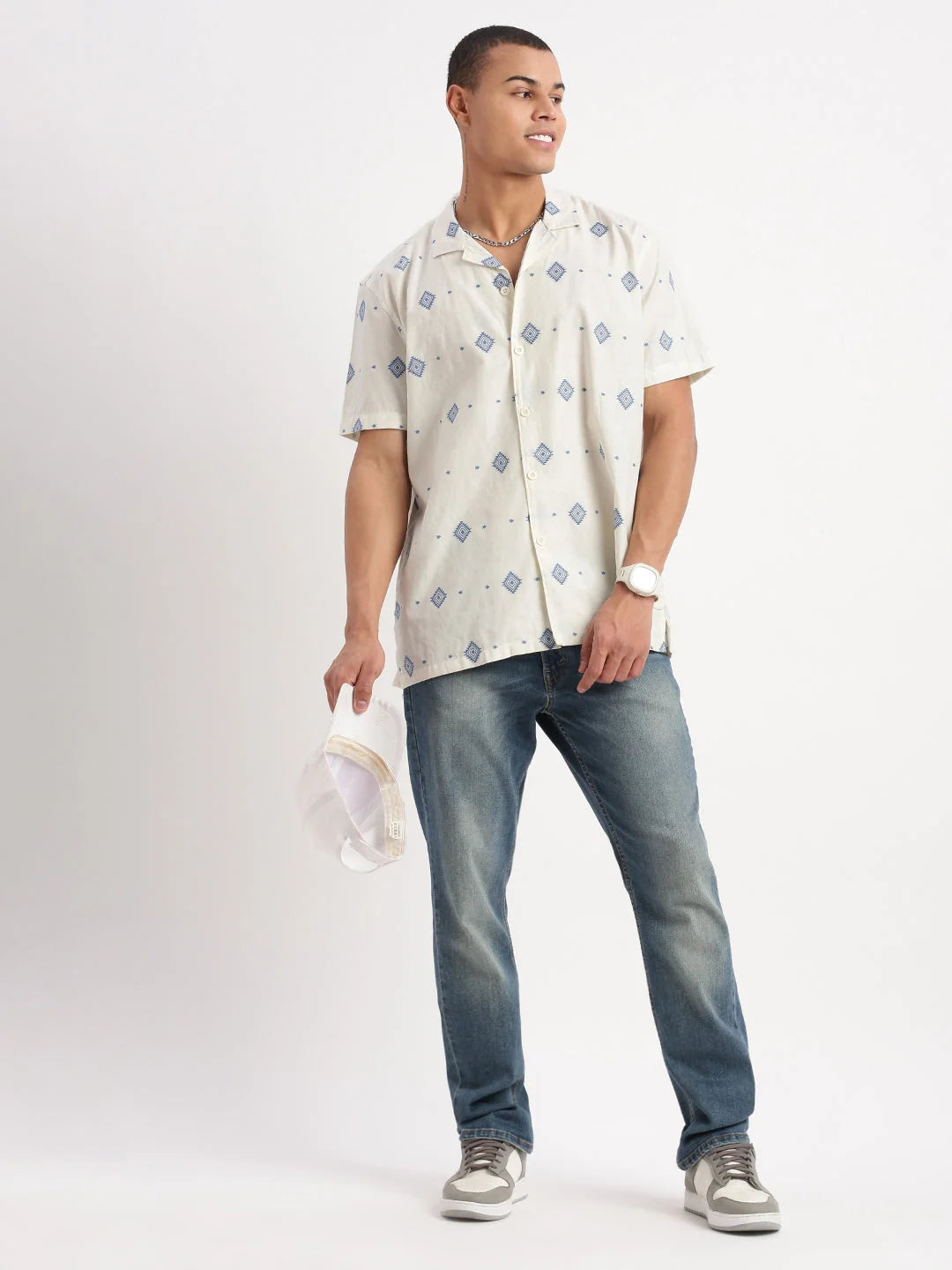 Shop Geometric Cream Cuban Collar Mens Shirt | DesiQlo