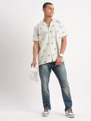 Men Cuban Collar Geometric Cream Shirt-Rippon-2347-Cream