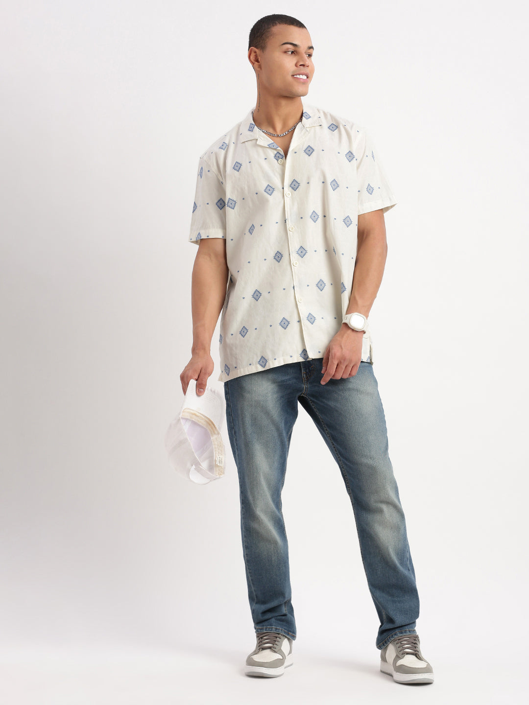 Geometric Cream Cuban Collar Mens Shirt | DesiQlo 