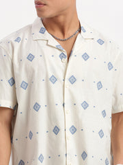 Men Cuban Collar Geometric Cream Shirt-Rippon-2347-Cream