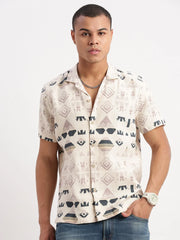 Men Cuban Collar Geometric Cream Shirt-Rippon-2350-Cream