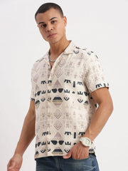 Men Cuban Collar Geometric Cream Shirt-Rippon-2350-Cream
