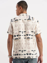 Men Cuban Collar Geometric Cream Shirt-Rippon-2350-Cream