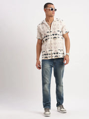 Men Cuban Collar Geometric Cream Shirt-Rippon-2350-Cream