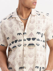 Men Cuban Collar Geometric Cream Shirt-Rippon-2350-Cream