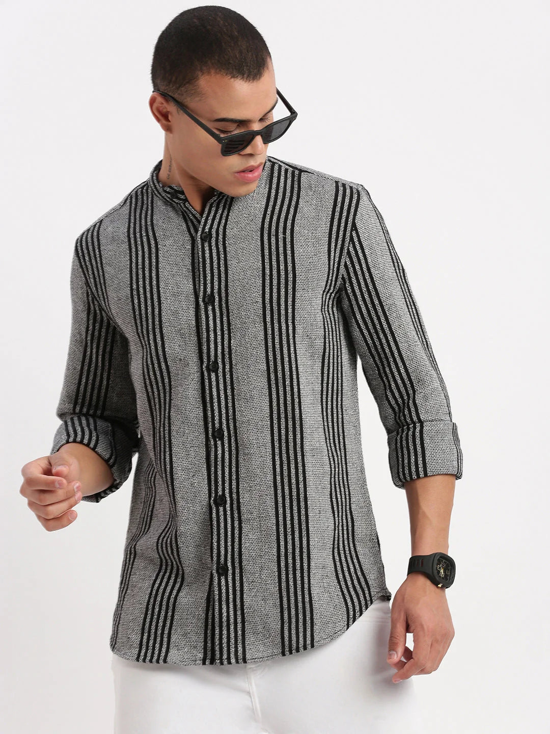 Grey Striped Cotton Mens Shirt | Mandarin Collar | DesiQlo