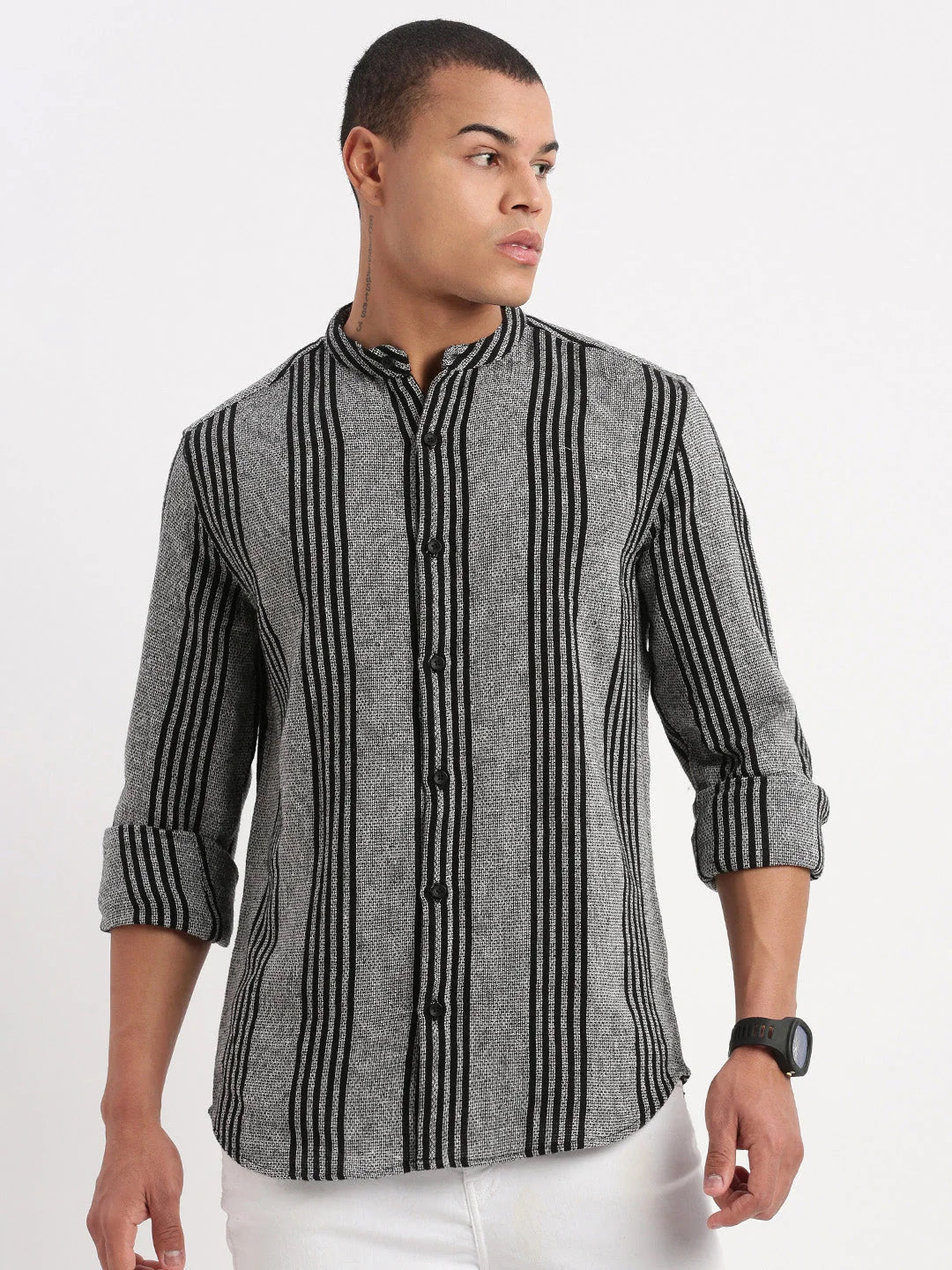 Grey Striped Cotton Mens Shirt | Mandarin Collar | DesiQlo