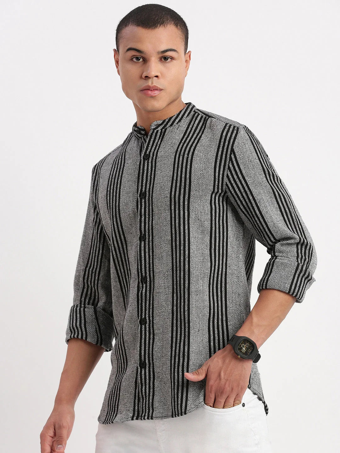 Grey Striped Cotton Mens Shirt | Mandarin Collar | DesiQlo