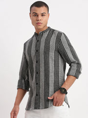 Men Mandarin Collar Vertical Stripes Grey Shirt-Ron-2521-Grey