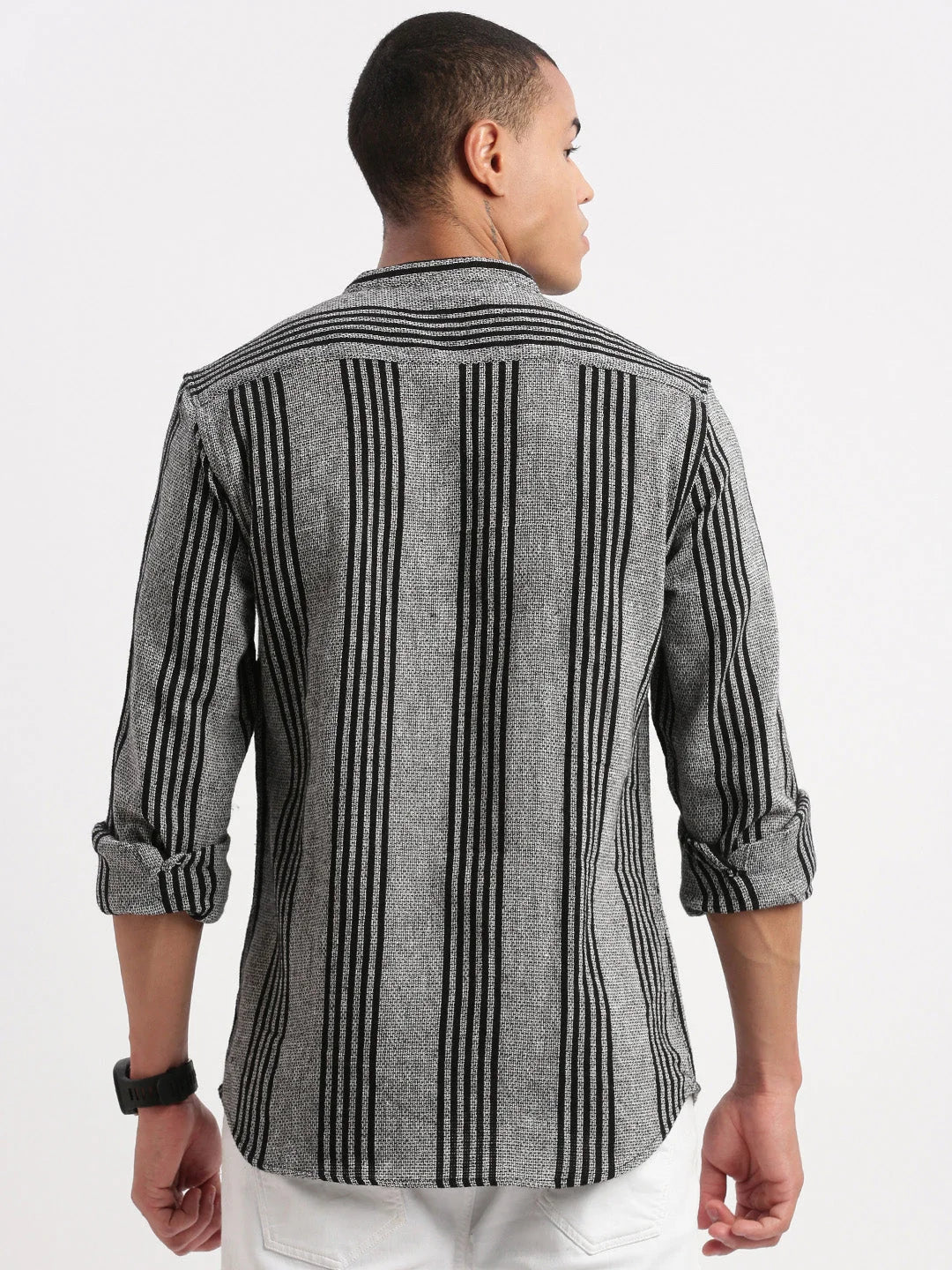 Grey Striped Cotton Mens Shirt | Mandarin Collar | DesiQlo
