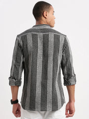 Men Mandarin Collar Vertical Stripes Grey Shirt-Ron-2521-Grey