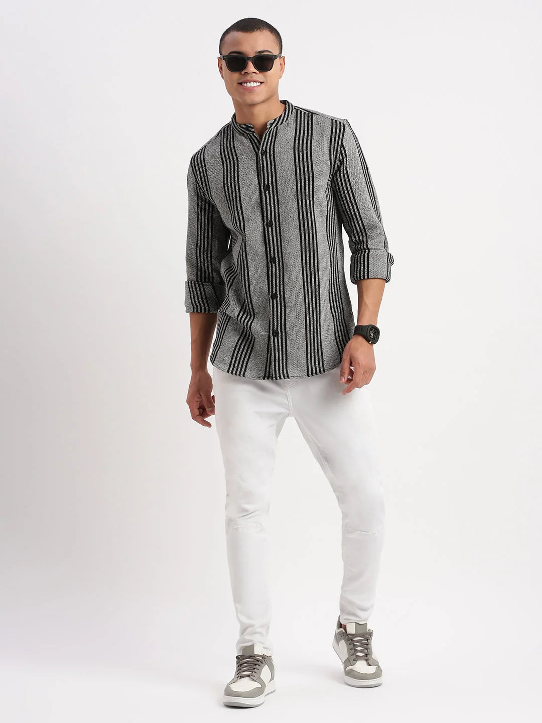 Grey Striped Cotton Mens Shirt | Mandarin Collar | DesiQlo