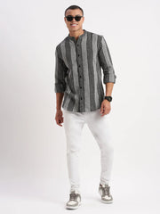 Men Mandarin Collar Vertical Stripes Grey Shirt-Ron-2521-Grey