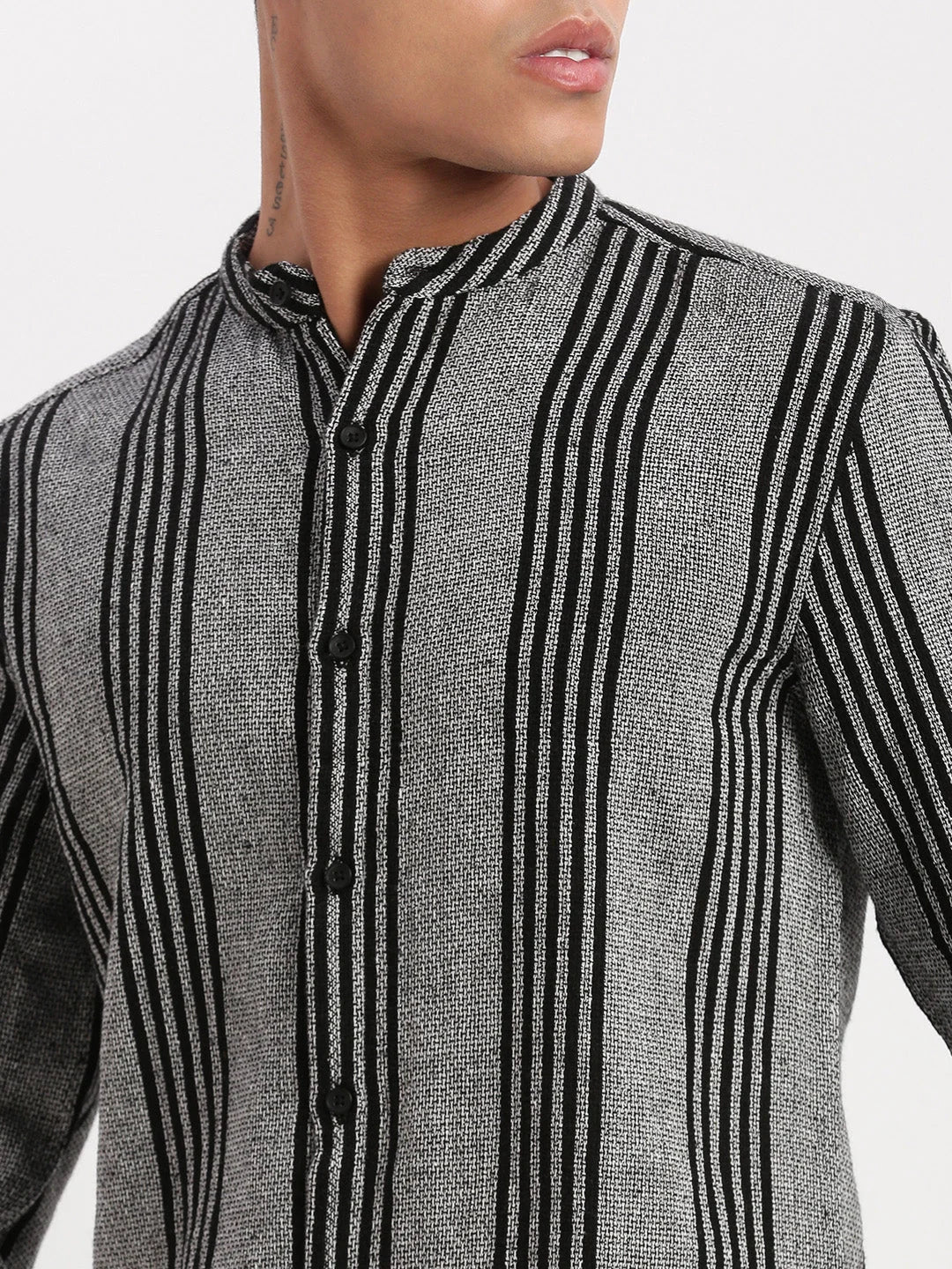 Grey Striped Cotton Mens Shirt | Mandarin Collar | DesiQlo