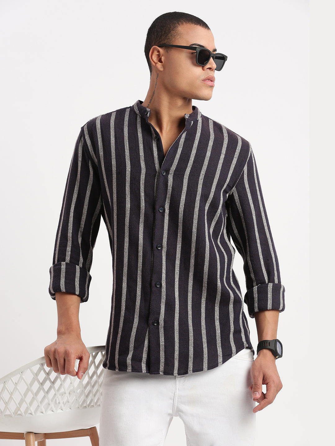 Wholesale Men Mandarin Collar Vertical Stripes Navy Blue Shirt