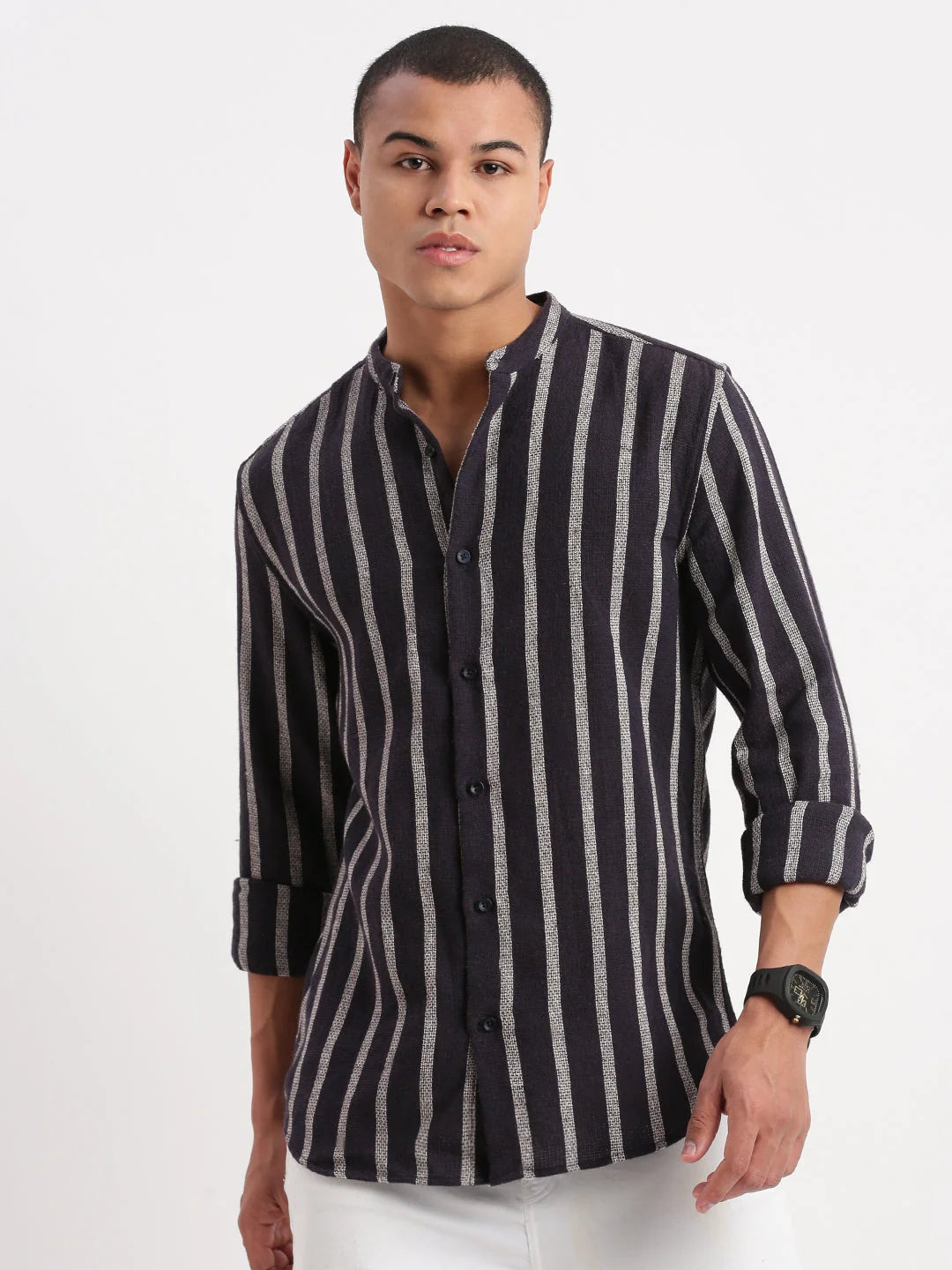 Navy Blue Striped Cotton Mens Shirt | Mandarin Collar Style