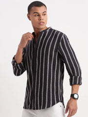 Men Mandarin Collar Vertical Stripes Navy Blue Shirt-Ron-2527-Navyblue