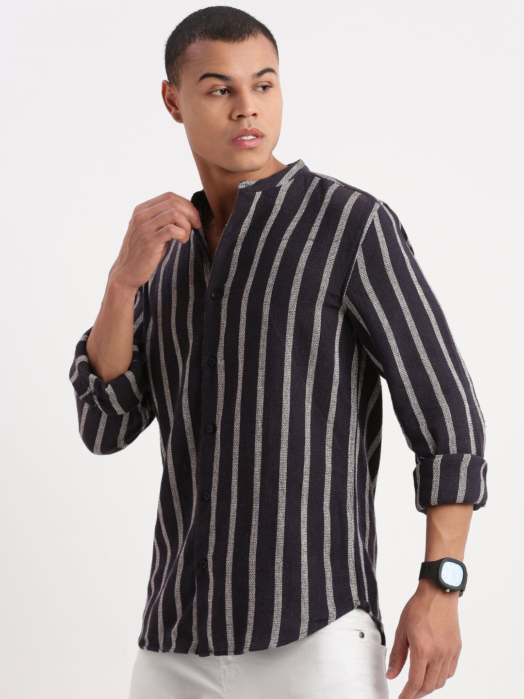 Wholesale Men Mandarin Collar Vertical Stripes Navy Blue Shirt
