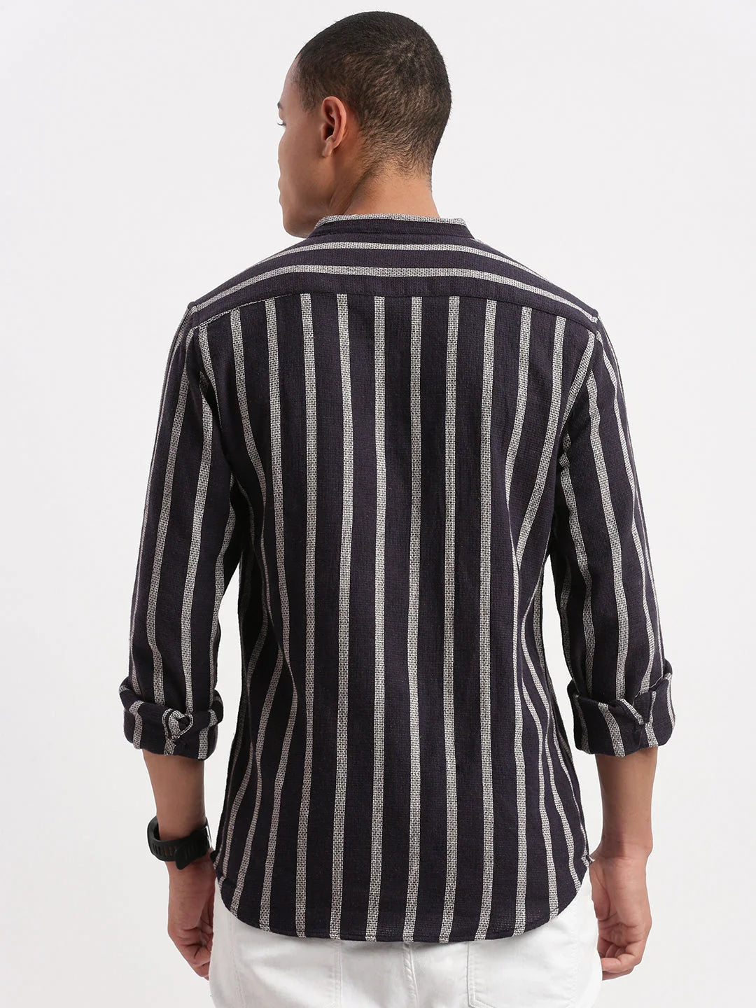 Navy Blue Striped Cotton Mens Shirt | Mandarin Collar Style