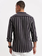 Men Mandarin Collar Vertical Stripes Navy Blue Shirt-Ron-2527-Navyblue