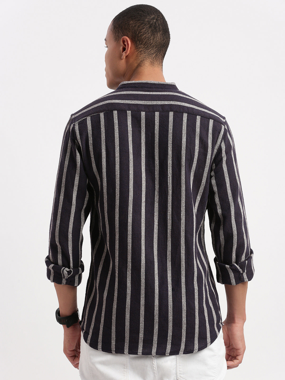 Wholesale Men Mandarin Collar Vertical Stripes Navy Blue Shirt