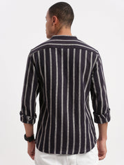 Men Mandarin Collar Vertical Stripes Navy Blue Shirt-Ron-2527-Navyblue