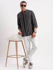 Men Mandarin Collar Vertical Stripes Navy Blue Shirt-Ron-2527-Navyblue