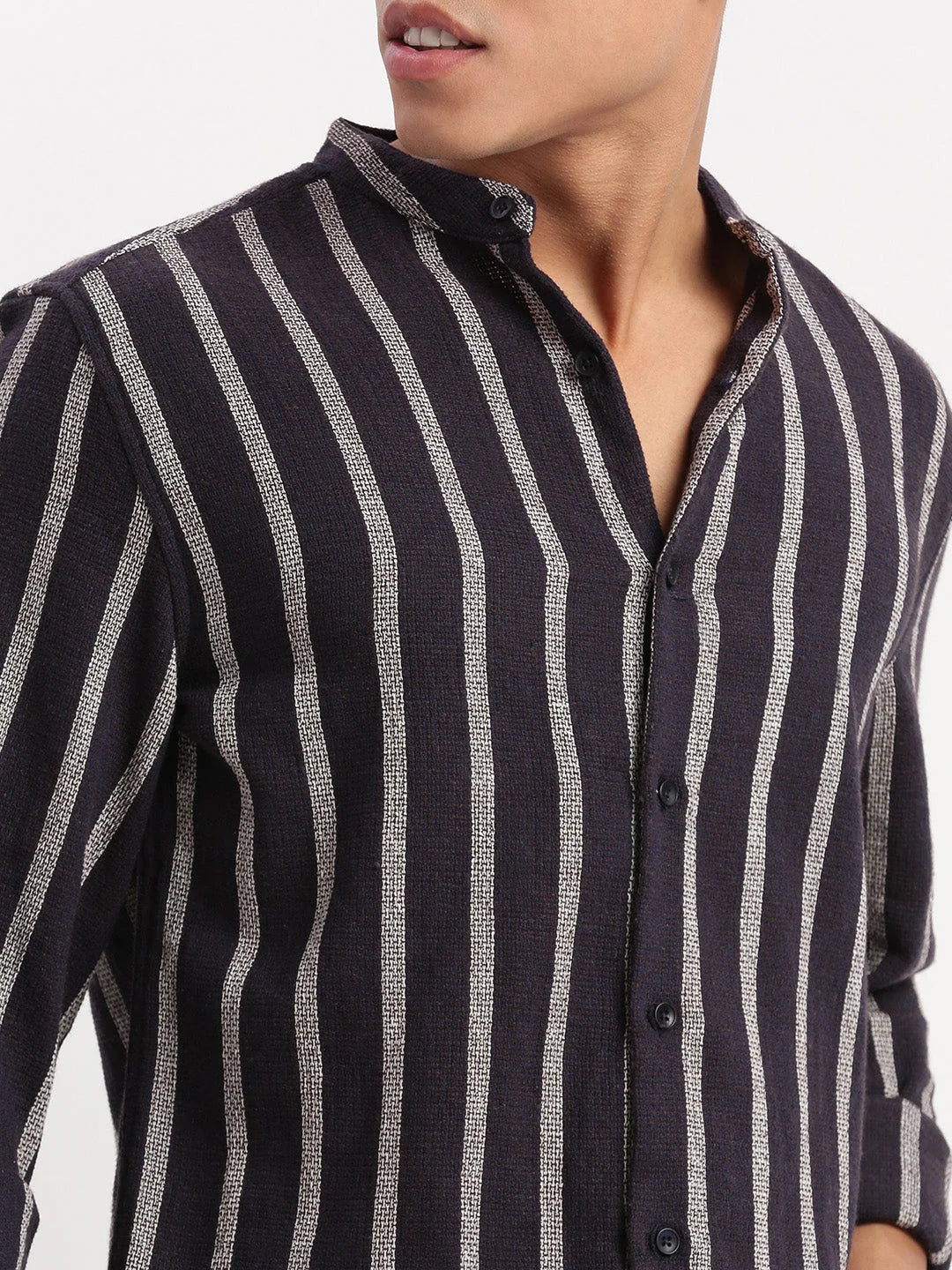 Navy Blue Striped Cotton Mens Shirt | Mandarin Collar Style