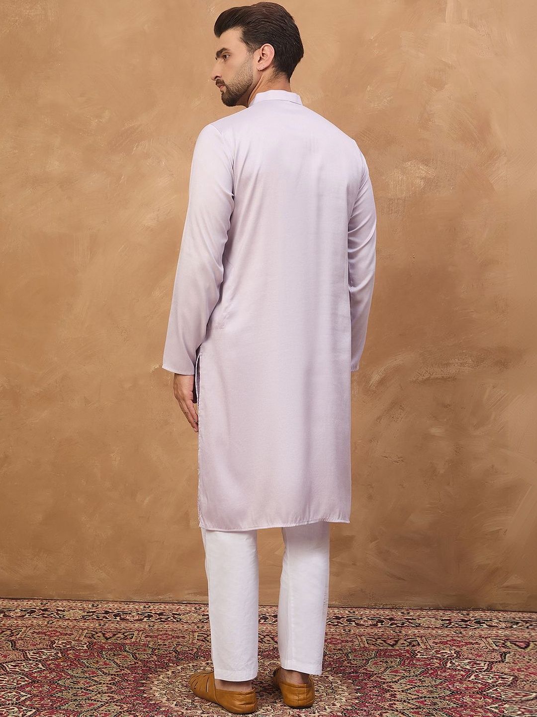 Ethnic Bay Men Lavender Silk Blend Solid Embroidered Straight Kurta With Pant Set-MKSET1443