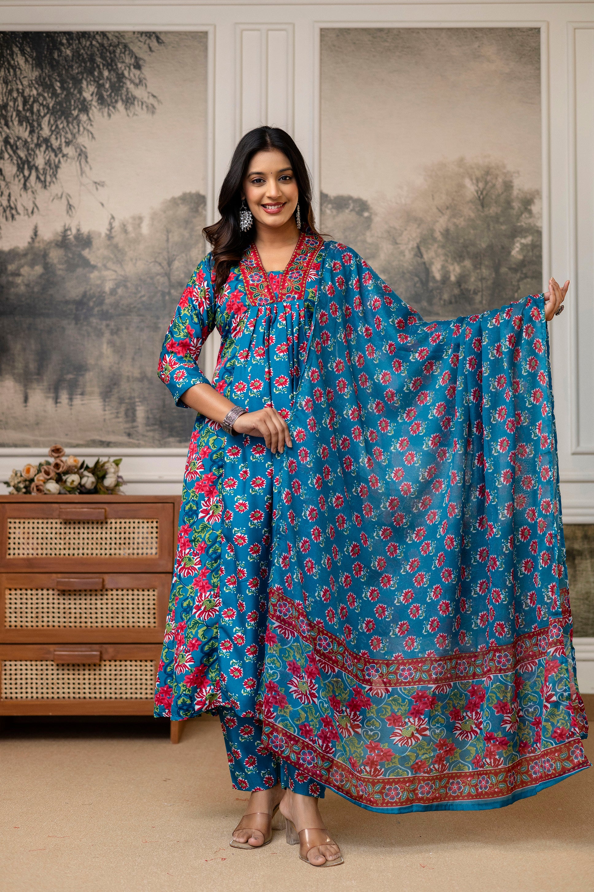 Cotton Blend Kurta Set for Women - Teal | MLWSHKS8920TQB | DesiQlo