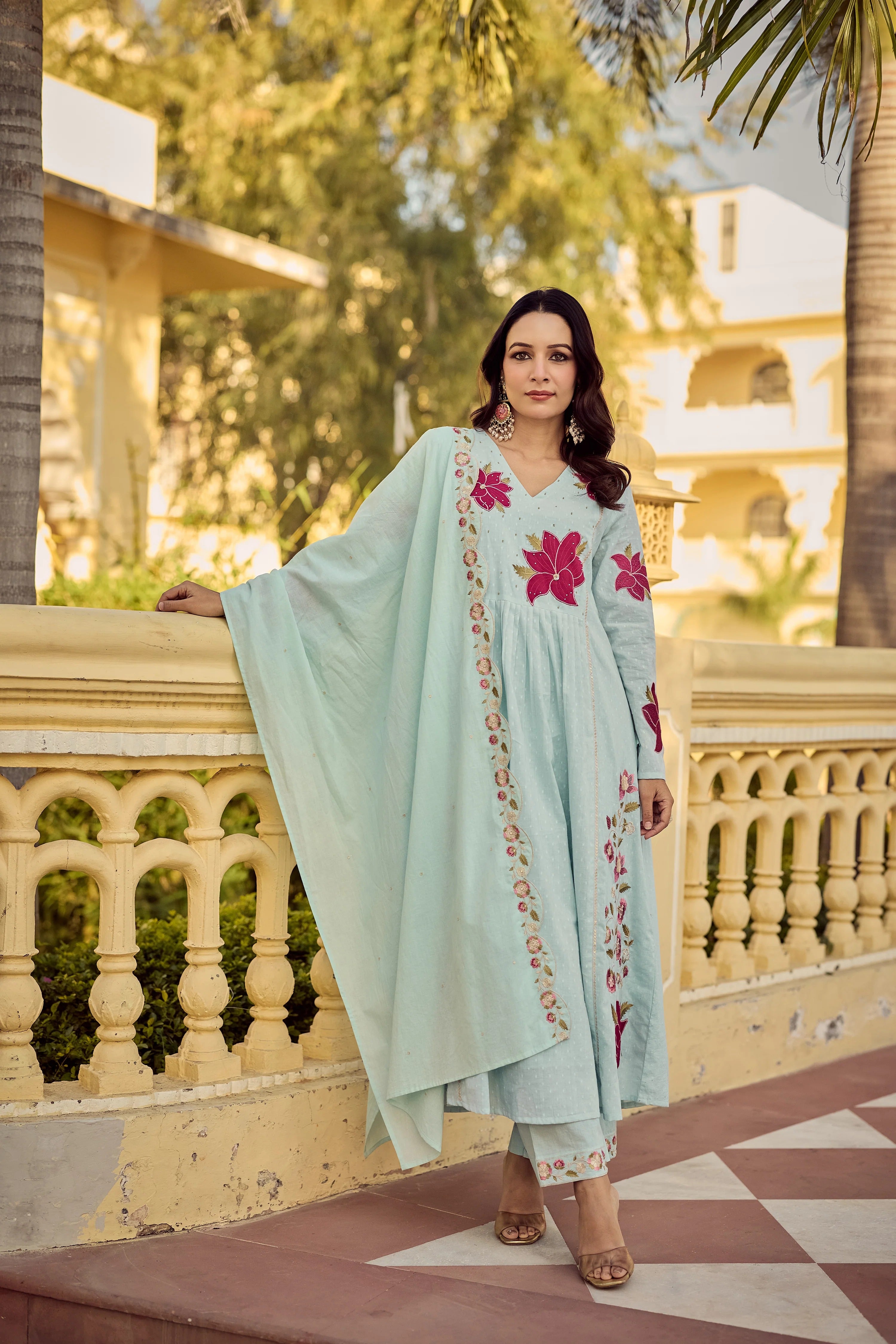 Cotton Blend Kurta Set for Women - Teal | MLWSHKS8921SAG | DesiQlo