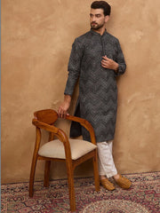 Ethnic Bay Men Black Silk Blend Geometric Printed Straight Kurta With Pant Set-MKSET1520