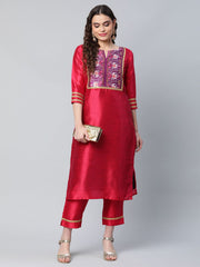 Red Art Silk Printed Kurta Pant Set-AHKUPN-COMBO-465