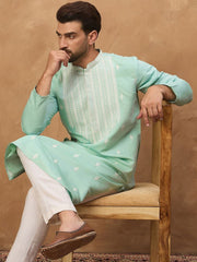 Ethnic Bay Men Blue Silk Blend Solid Embroidered Straight Kurta With Pant Set-MKSET1511