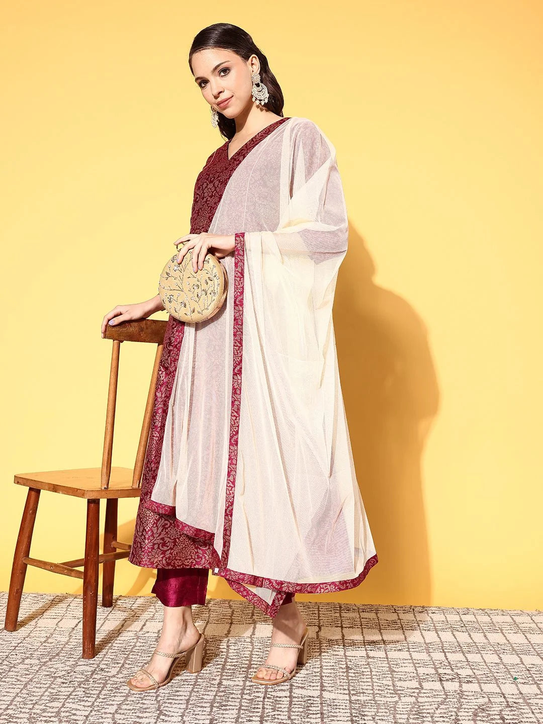 Wine Poly Silk Printed Kurta Pant Set | Indian Kurta Sets