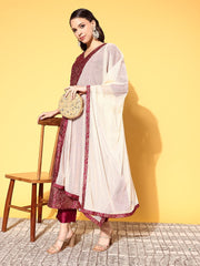 Wine Colour Poly Silk Gold Paste Printed Kurta Pant Set-AHKUDUPN-COMBO-373-FF