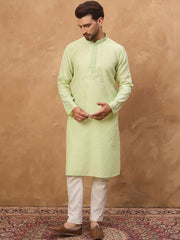 Ethnic Bay Men Green Silk Blend Solid Embroidered Straight Kurta With Pant Set-MKSET1451