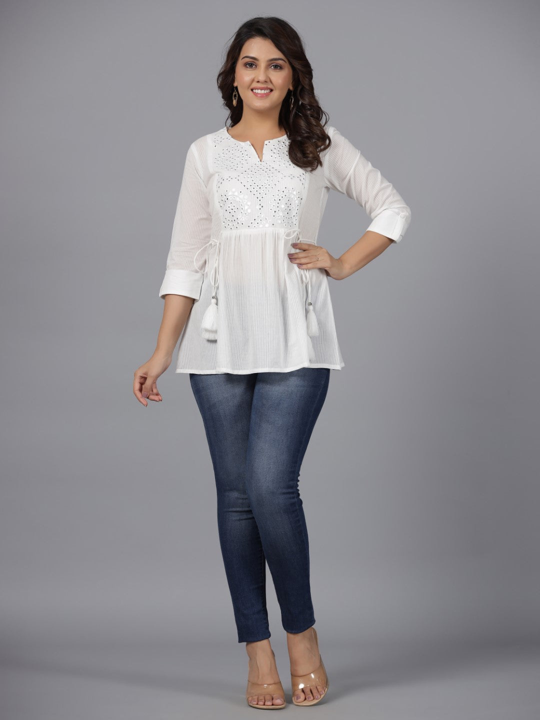 White Geometric Cotton Dobby Tunic With Mirror Work Embroidery | DesiQ
