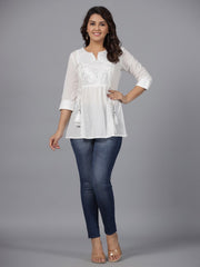 Juniper White Geometric Cotton Dobby Tunic With Mirror Work Embroidery.