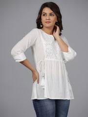 Juniper White Geometric Cotton Dobby Tunic With Mirror Work Embroidery.