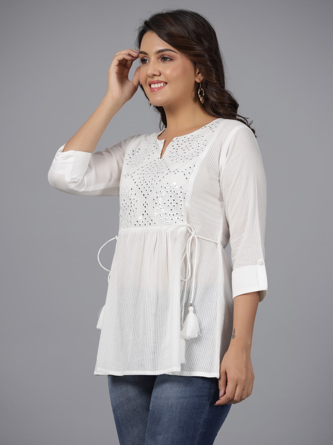 White Geometric Cotton Dobby Tunic With Mirror Work Embroidery | DesiQ