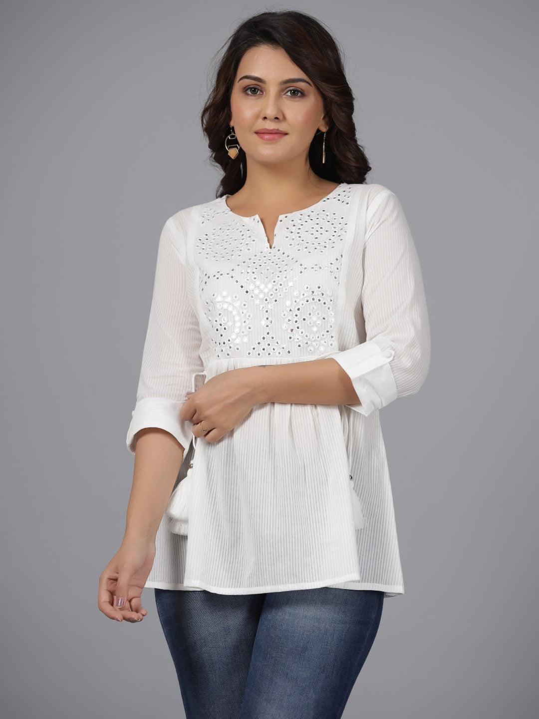 White Geometric Cotton Dobby Tunic With Mirror Work Embroidery | DesiQ