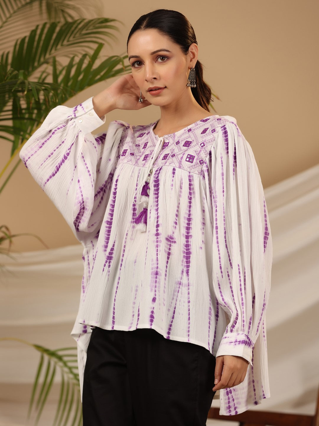 Lavender Mirror Embroidered Rayon Crepe Tie-Dye Tunic With Tassels | D