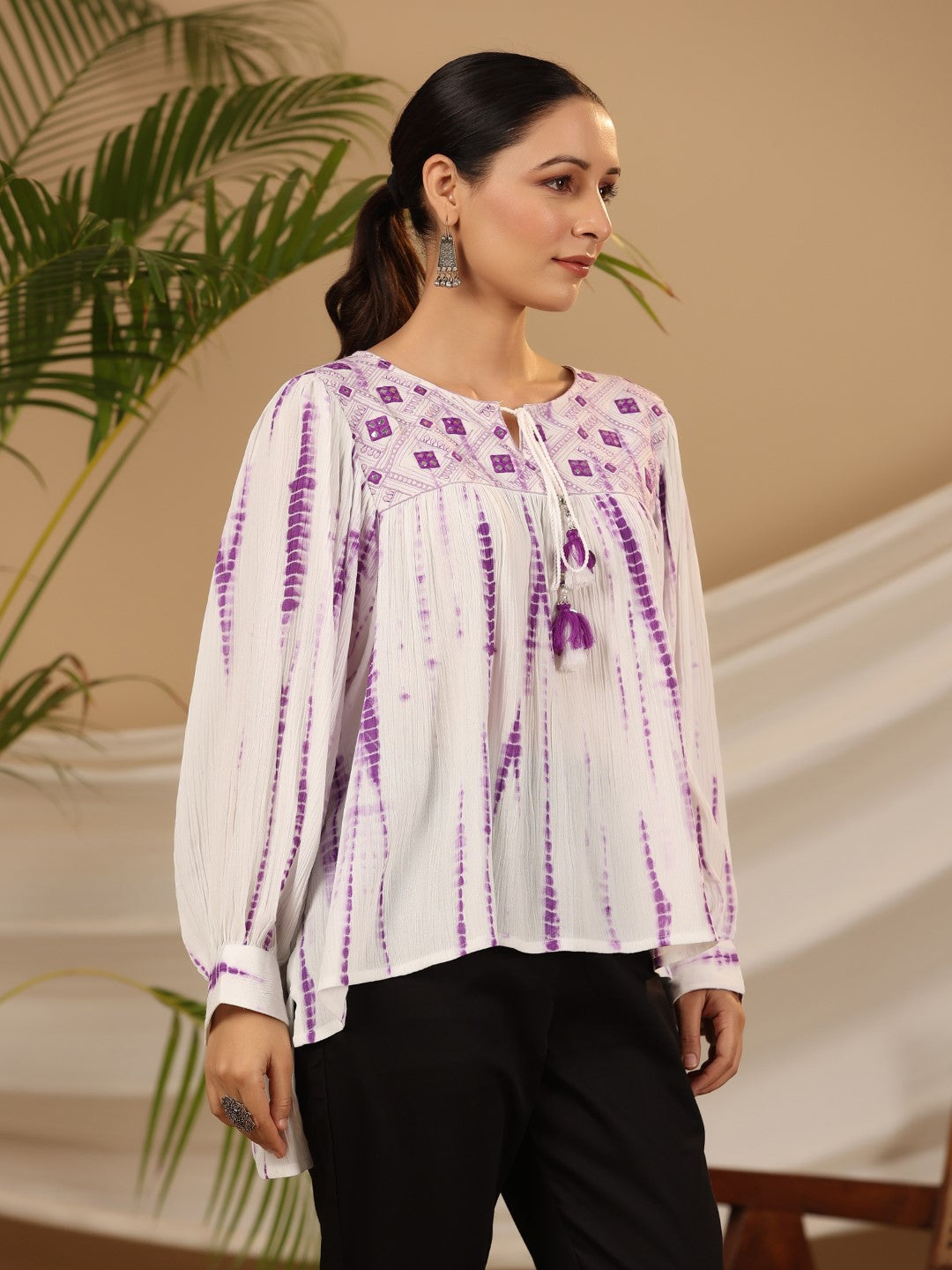 Lavender Mirror Embroidered Rayon Crepe Tie-Dye Tunic With Tassels | D
