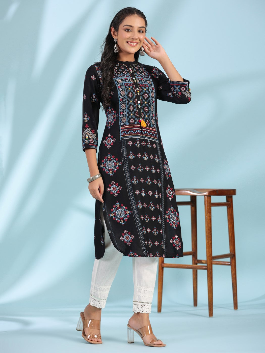 Black Ethnic Motif Printed Rayon Calf Length Straight Kurta With Kaudi