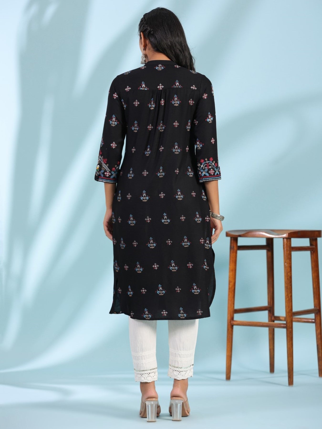 Black Ethnic Motif Printed Rayon Calf Length Straight Kurta With Kaudi