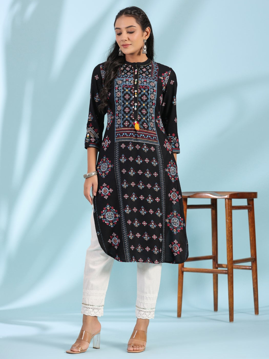 Black Ethnic Motif Printed Rayon Calf Length Straight Kurta With Kaudi