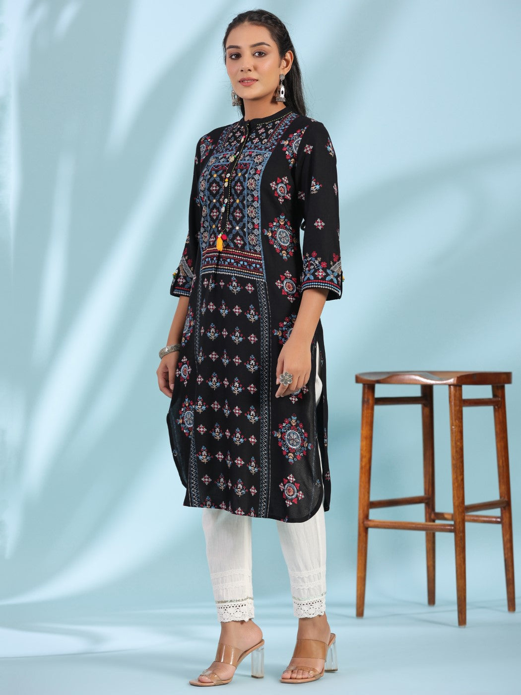 Black Ethnic Motif Printed Rayon Calf Length Straight Kurta With Kaudi