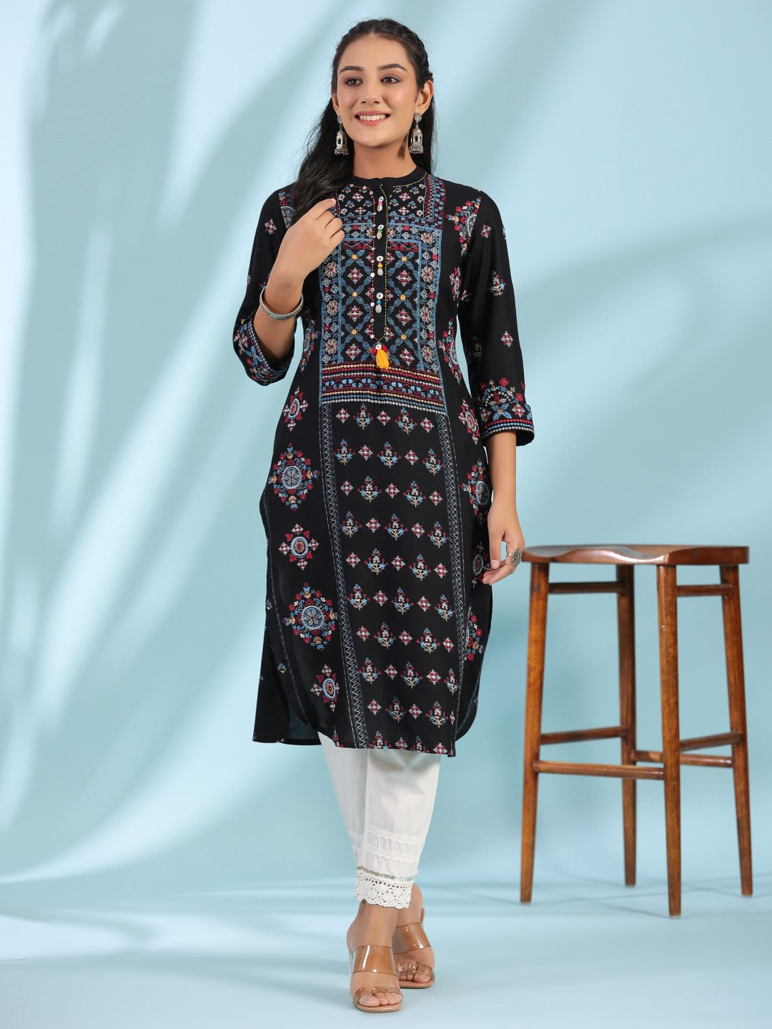 Black Ethnic Motif Printed Rayon Calf Length Straight Kurta With Kaudi